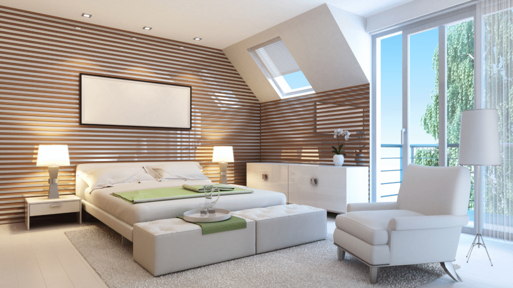 Sunlit luxury bedroom with natural wood, linen bedding, and energy-efficient lighting in an eco-certified hotel.