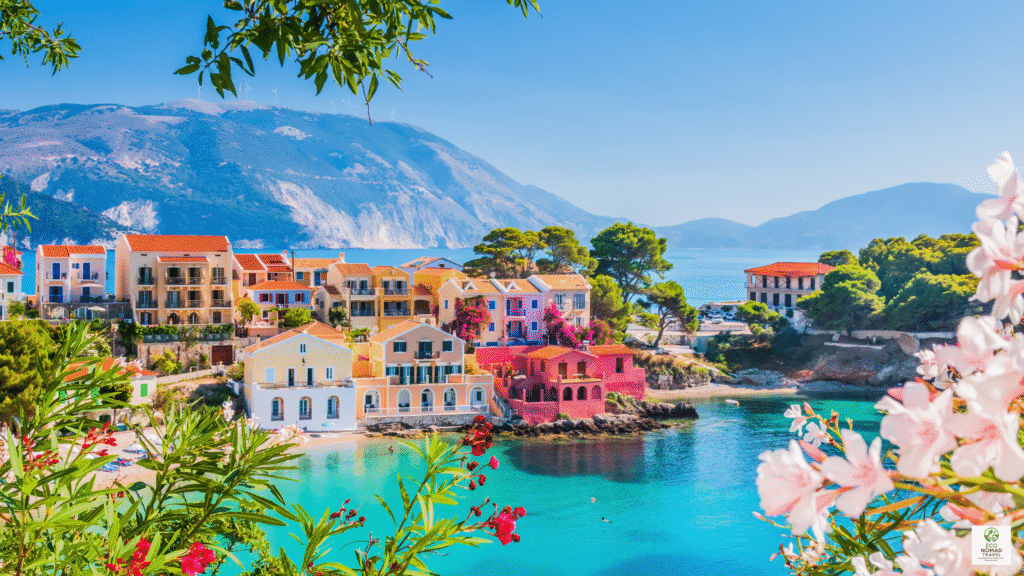 Clifftop view of Kefalonia, Greece with turquoise water and rugged coastline, setting the scene for 2025 flight-free and low-flight travel itineraries