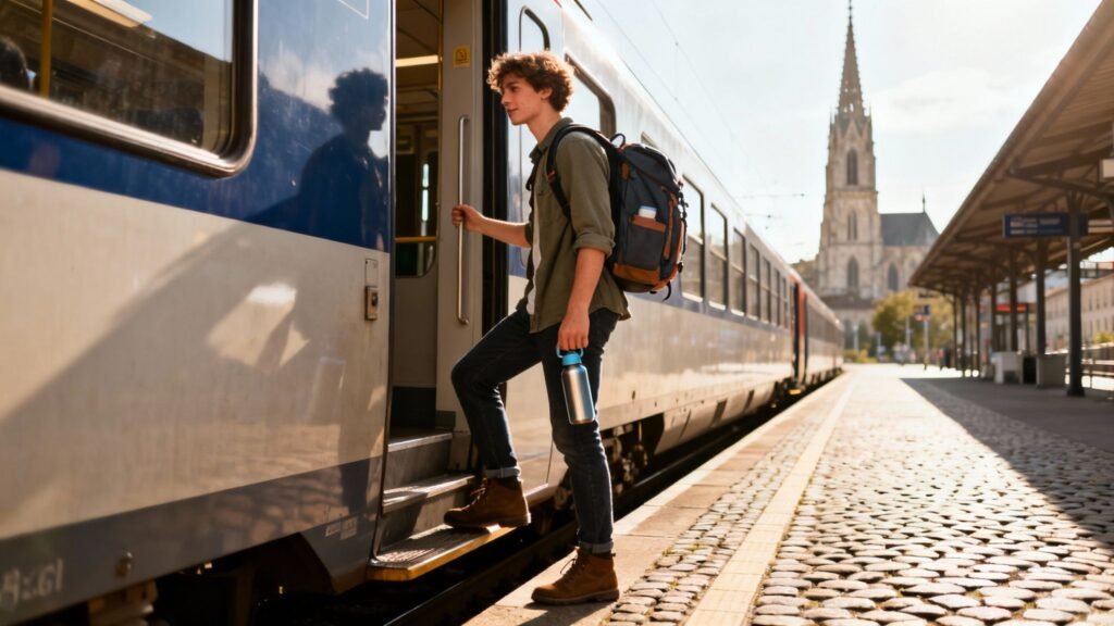 accessibility): Man boarding a train with a backpack for cheap travel in Europe using budget rail routes.