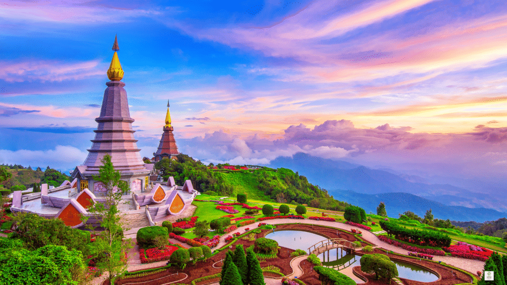 Pagoda temple in Chiang Mai, North Thailand with mountains in the background