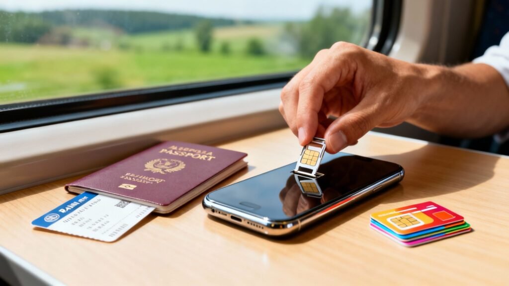 Person holding a SIM card over a smartphone on a train, sim card for international travel.