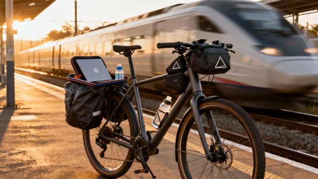 Best bike bags packed on a touring bicycle at a train station as a high-speed train passes at sunset.