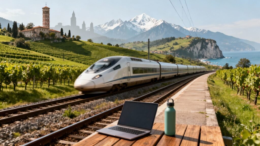 Best European countries to visit: a laptop on a bench beside an electric train at a modern station
