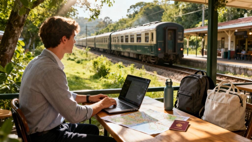 Digital Nomad working on a laptop at an outdoor table beside a train station platform, with a backpack, water bottle, map, and passport on the table.
