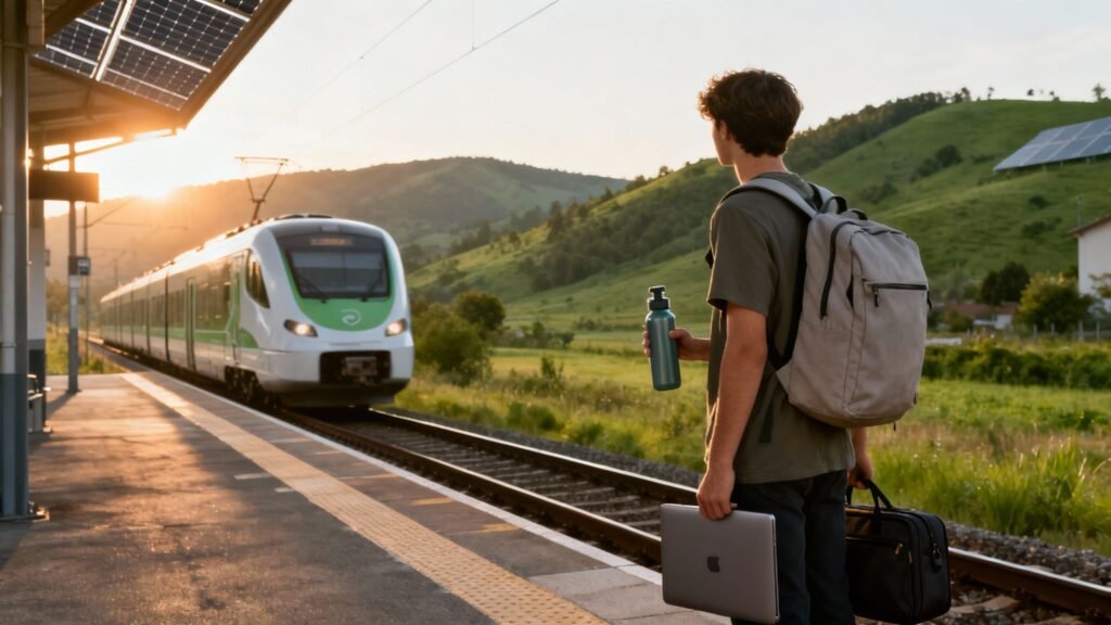 eco nomad standing at a train station with a backpack, reusable water bottle, and laptop as an electric train arrives at sunset
