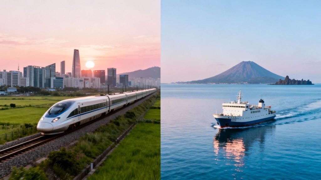 How to go from seoul to jeju island — split image showing an electric train and a boat on the water for travel route options