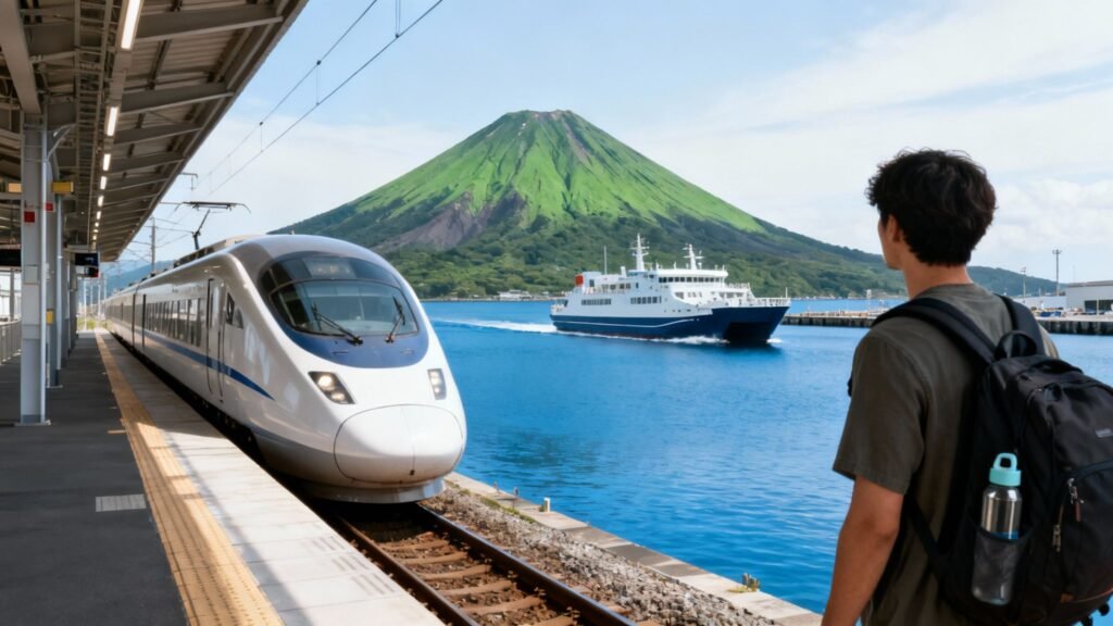 How to go to Jeju Island from Seoul: traveler watching a high-speed train and ferry with a volcanic island in the background.