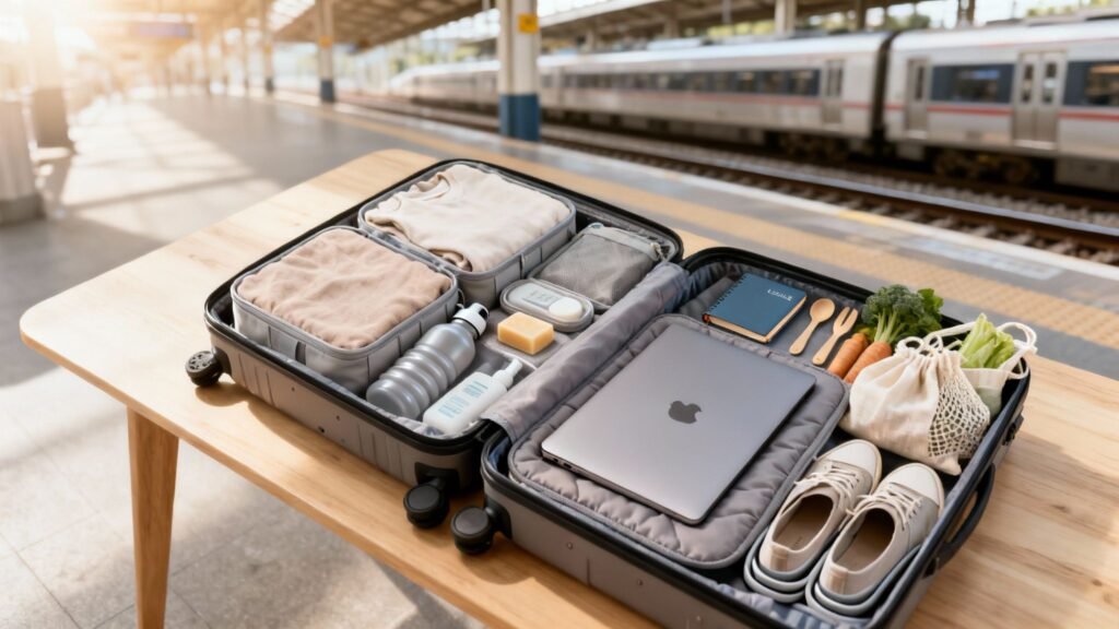 Minimalist travel packing list: an open carry-on suitcase neatly packed with packing cubes, a reusable bottle, toiletries, laptop, and a small zero-waste kit on a table at a train station platform.