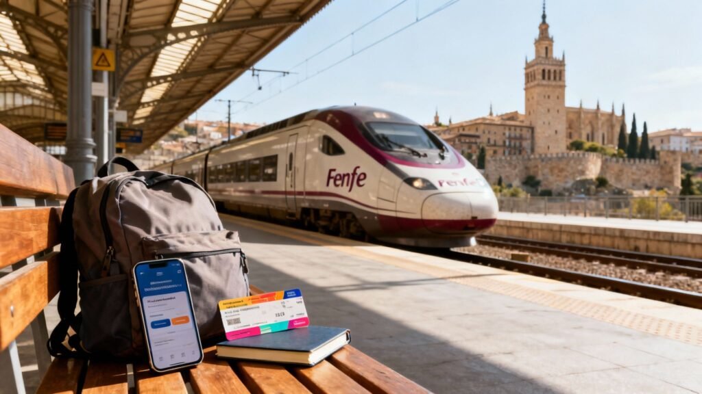 An electric Renfe high-speed train in Spain at a station, representing train tickets from Madrid to Toledo Spain.