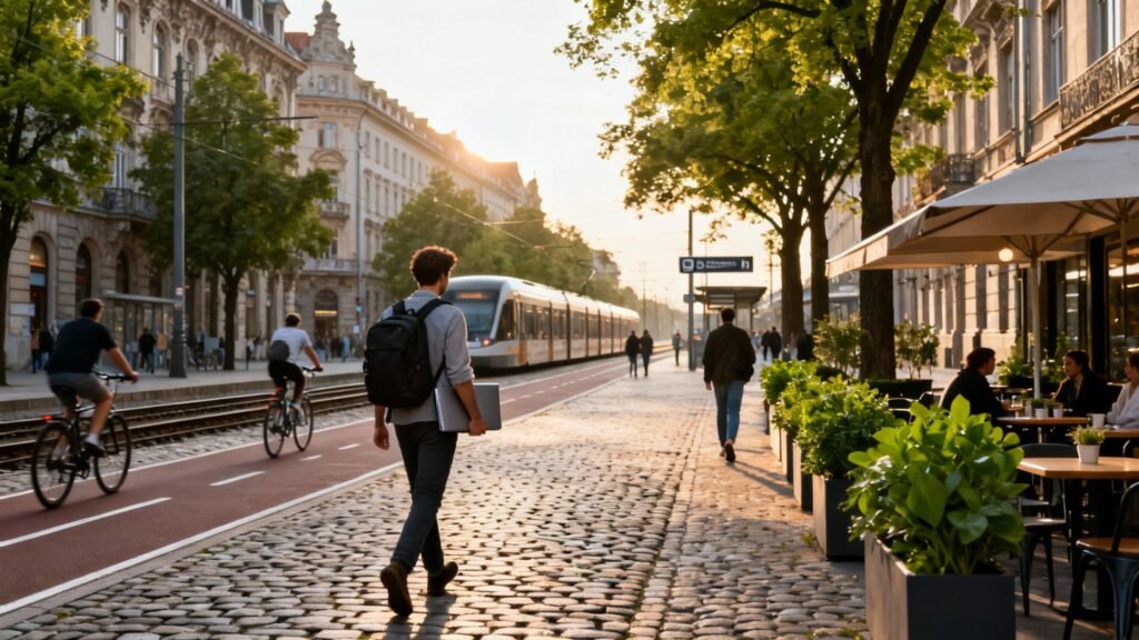 A man walks down a narrow stone street in a historic European old town, showcasing walkable cities in Europe with car-free streets and local shops.