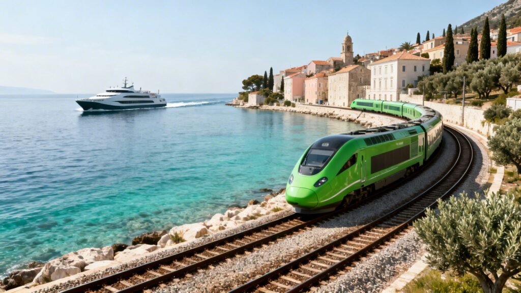 Adriatic coastal rail scene with a green train curving beside clear blue water and a yacht near a historic seaside town.