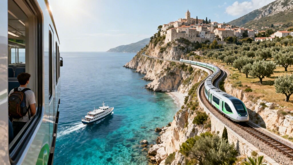Coastal train curving along cliffs above turquoise water on the adriatic sea mediterranean, with a boat below and a hilltop village ahead.