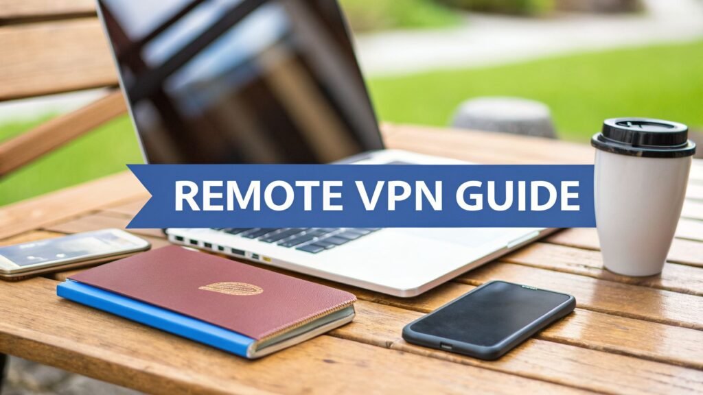 Outdoor laptop workspace with phone, notebook, and coffee cup on a wooden table, illustrating a best vpn for remote workers setup.