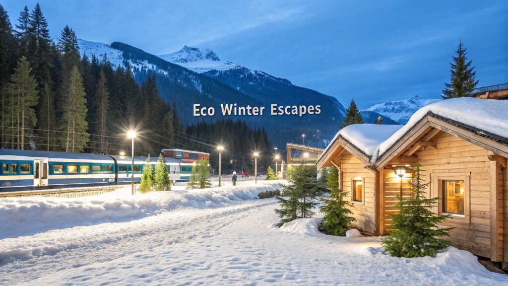 Snowy winter village with a cozy cabin, mountains, and a train station under “Eco Winter Escapes” text, highlighting best winter destinations.