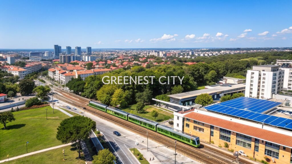 Aerial view of a green urban district with a modern train line and a large rooftop solar array, showing a greenest city in US commute.