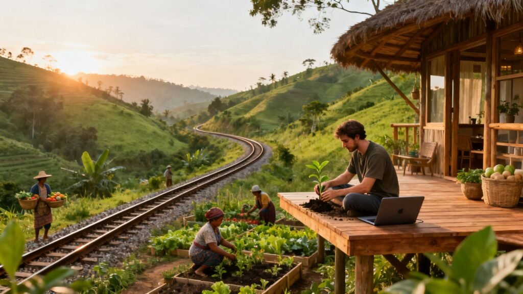 Regenerative travel scene with a remote worker planting seedlings at a community garden beside a rural rail line at sunset.