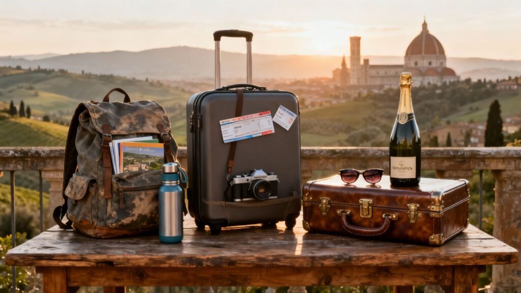 Trip to Italy cost planning with luggage, backpack, camera, and reusable bottle on a table overlooking a Tuscan sunset skyline.