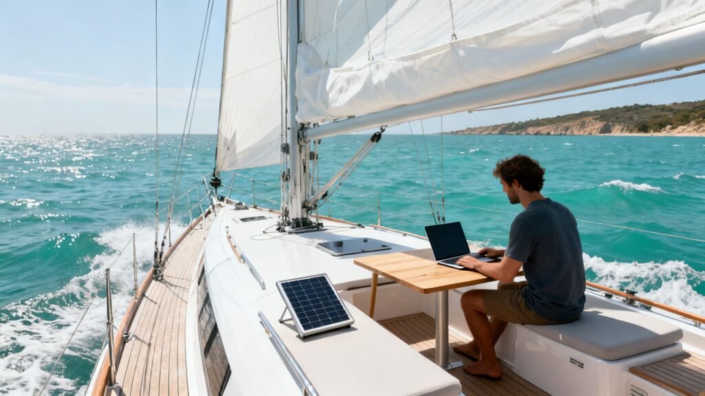 Wind sailing lifestyle: a man works on a laptop aboard a sailboat with portable solar panels, cruising turquoise water.