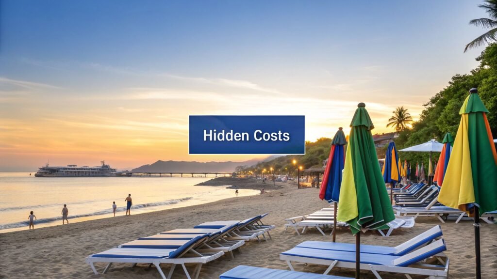 Beach sunset with lounge chairs and colorful umbrellas at a resort, illustrating all inclusive travel deals for a relaxing coastal getaway