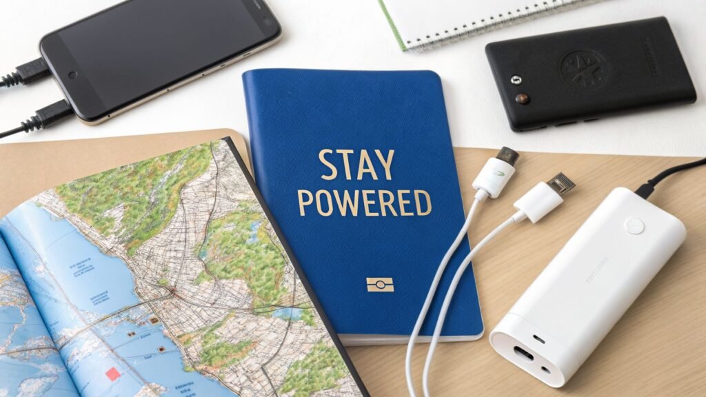 Best portable chargers for travel shown in a flat lay with a power bank, charging cables, a phone, a map, and a “Stay Powered” travel notebook.