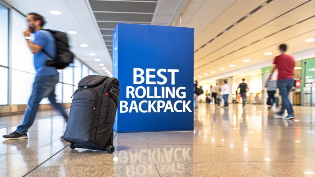 Rolling backpack in an airport terminal beside a sign, showing the best rolling backpack for travel for smooth and flexible airport movement.