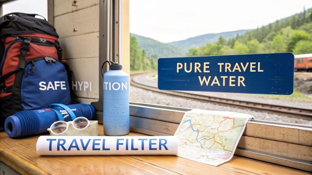 Best water filter bottle for travel shown on a train table with a reusable bottle, travel gear, a map, and “Pure Travel Water” and “Travel Filter” text overlays.