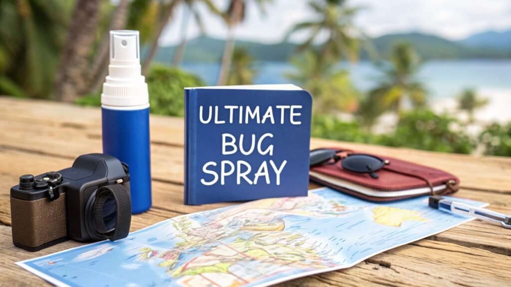 Travel flat lay with bug repellent spray, camera, map, sunglasses, and passport on a wooden table near a tropical beach.