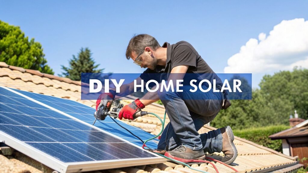 Person installing rooftop solar panels during a diy home solar setup on a sunny residential roof