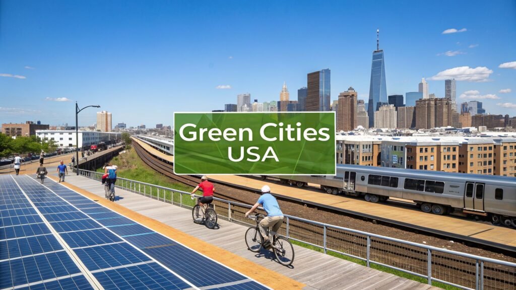Solar-powered bike path and train transit system in a modern skyline representing green cities in America and sustainable urban transportation