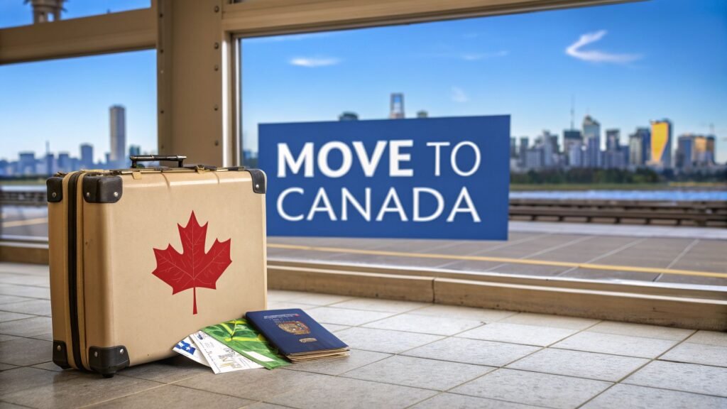 Suitcase, passport, and boarding pass at a station for travelers learning how to move to canada from america