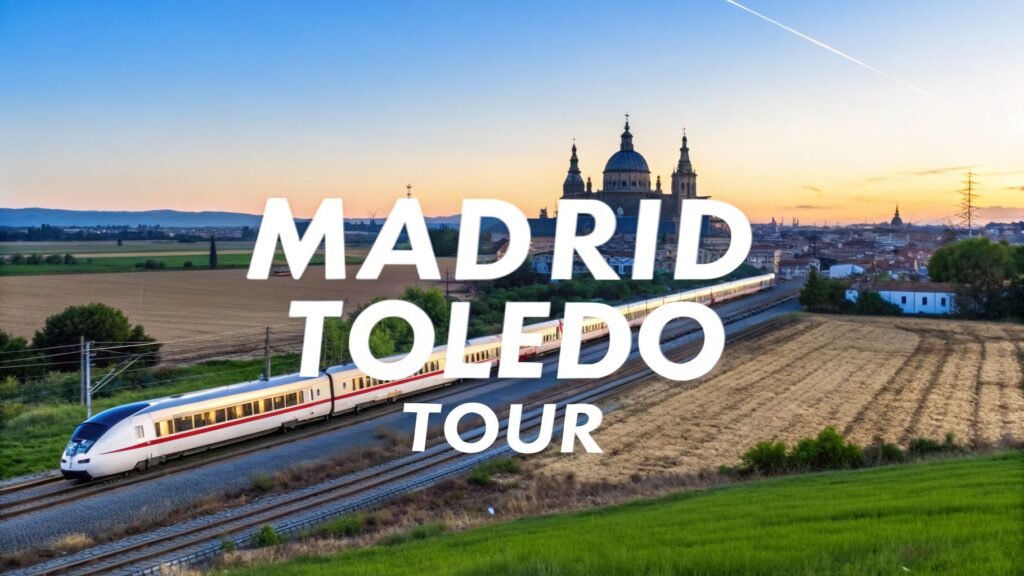 High-speed train traveling through the Spanish countryside toward the historic skyline on a Madrid Toledo tour at sunset.