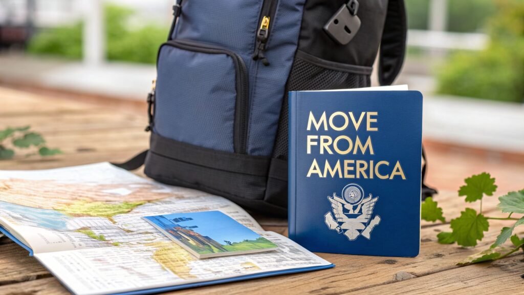 Traveler gear with a backpack, map, and passport showing move from america planning for relocation or long-term travel abroad