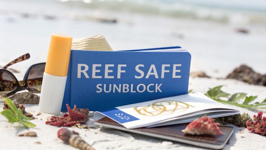 Reef safe sunblock beach essentials with a sunscreen bottle, travel items, and a “REEF SAFE SUNBLOCK” sign on the sand