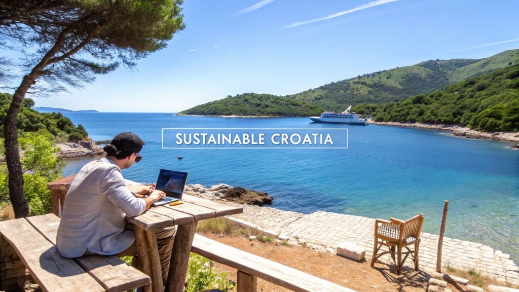Traveler working at a wooden table by a clear blue bay in the republic of croatia, with green hills and a ferry in the background.