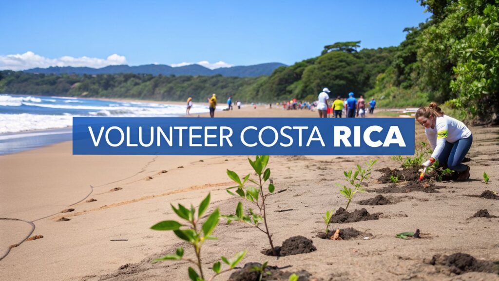 Volunteers planting trees along a tropical beach during a conservation project representing volunteer opportunities in Costa Rica