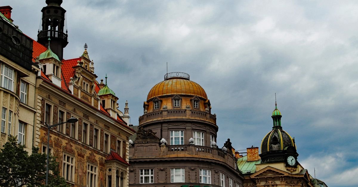 Historic rooftops and spires in a central European old town